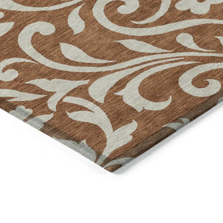 8' X 10' Brown And Beige Floral Washable Indoor Outdoor Area Rug