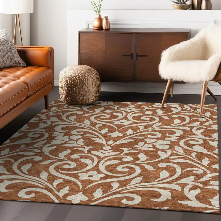 8' X 10' Brown And Beige Floral Washable Indoor Outdoor Area Rug