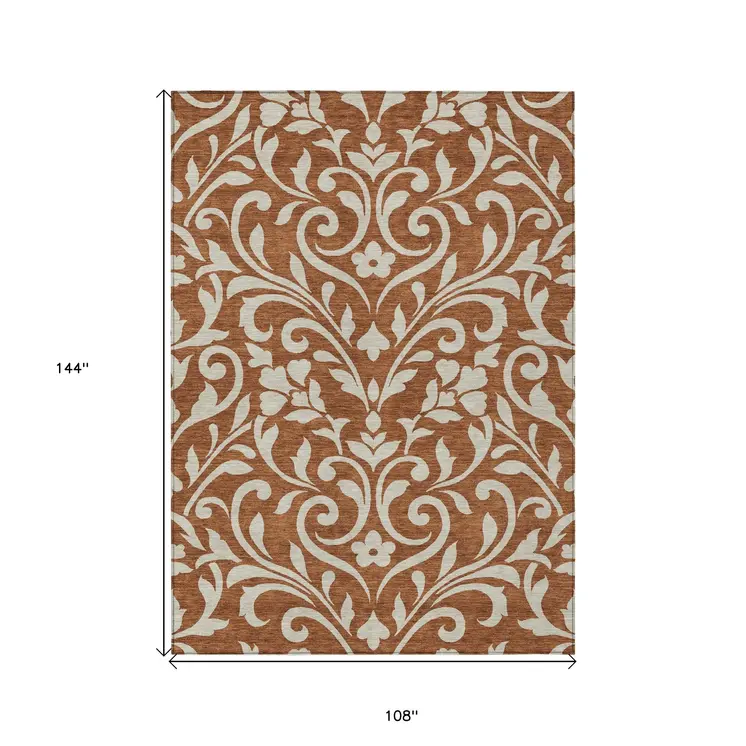 9' X 12' Brown And Beige Floral Washable Indoor Outdoor Area Rug