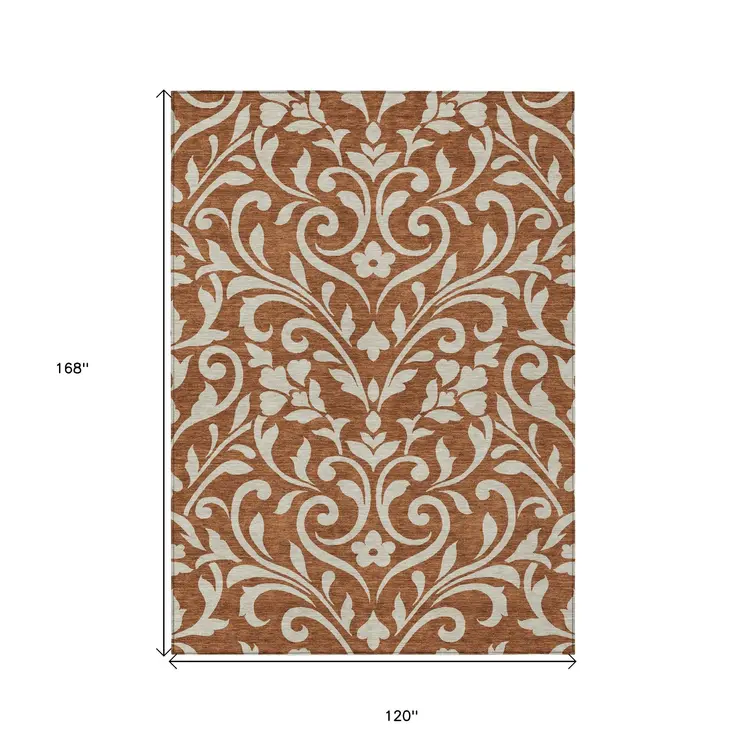 10' X 14' Brown And Beige Floral Washable Indoor Outdoor Area Rug