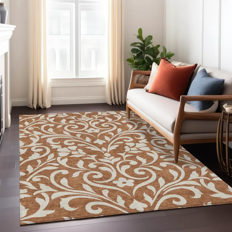 10' X 14' Brown And Beige Floral Washable Indoor Outdoor Area Rug