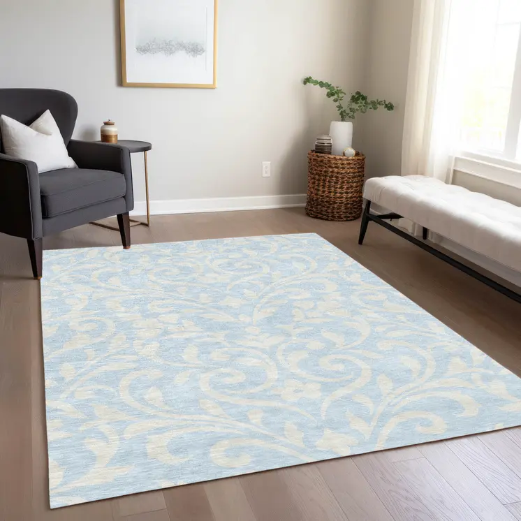 3' X 5' Sky Blue And Ivory Floral Washable Indoor Outdoor Area Rug