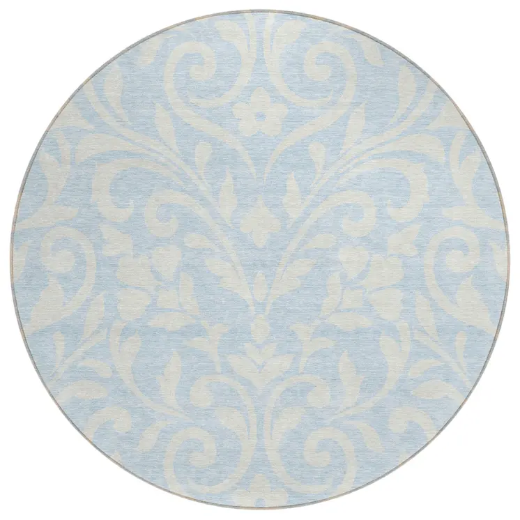 8' Sky Blue And Ivory Round Floral Washable Indoor Outdoor Area Rug