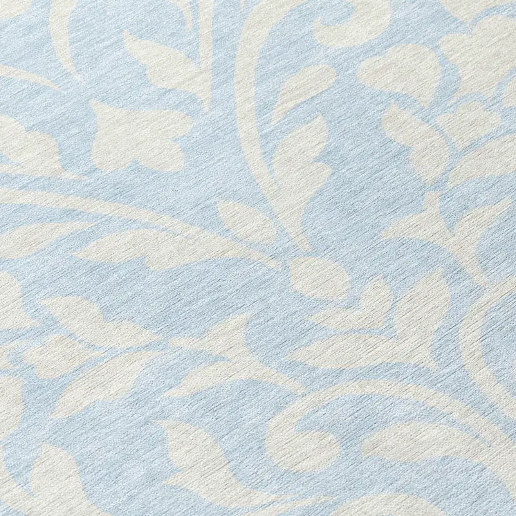 8' Sky Blue And Ivory Round Floral Washable Indoor Outdoor Area Rug