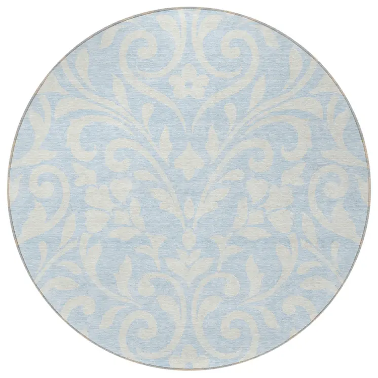 8' Sky Blue And Ivory Round Floral Washable Indoor Outdoor Area Rug