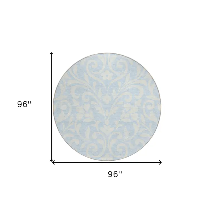 8' Sky Blue And Ivory Round Floral Washable Indoor Outdoor Area Rug
