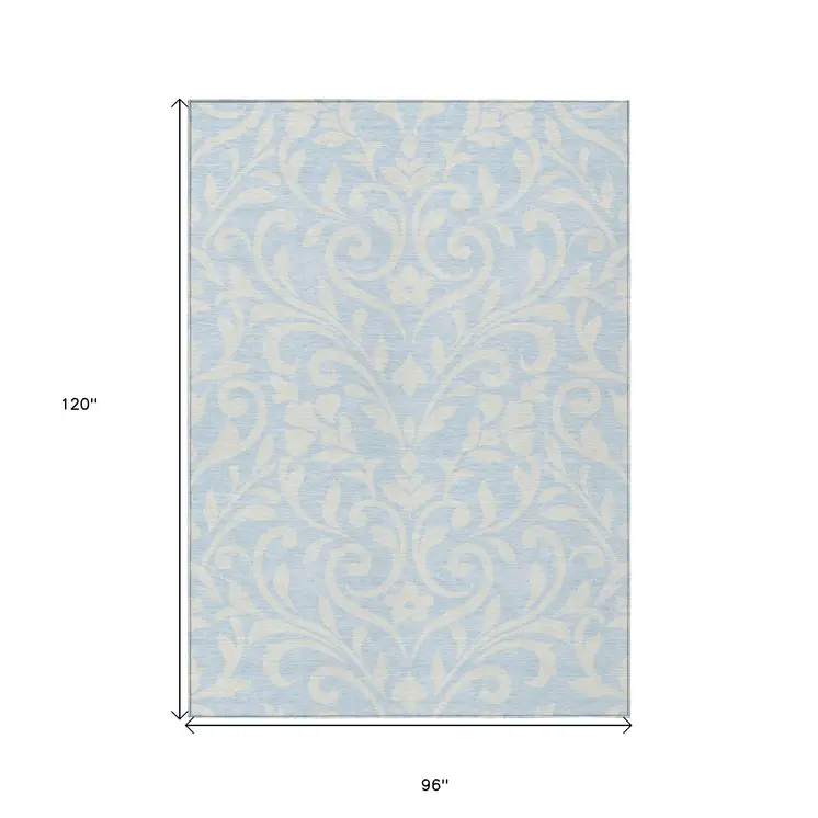 8' X 10' Sky Blue And Ivory Floral Washable Indoor Outdoor Area Rug