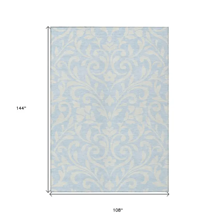 9' X 12' Sky Blue And Ivory Floral Washable Indoor Outdoor Area Rug