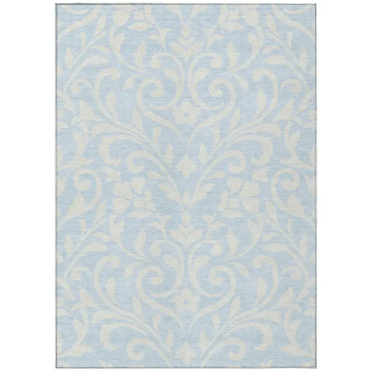 9' X 12' Sky Blue And Ivory Floral Washable Indoor Outdoor Area Rug