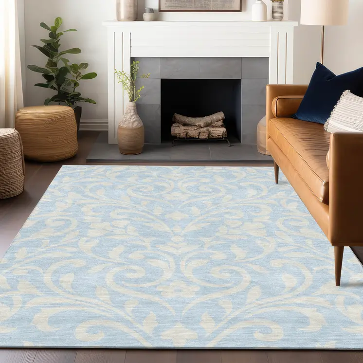 9' X 12' Sky Blue And Ivory Floral Washable Indoor Outdoor Area Rug