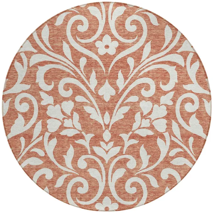 8' Salmon And Ivory Round Floral Washable Indoor Outdoor Area Rug