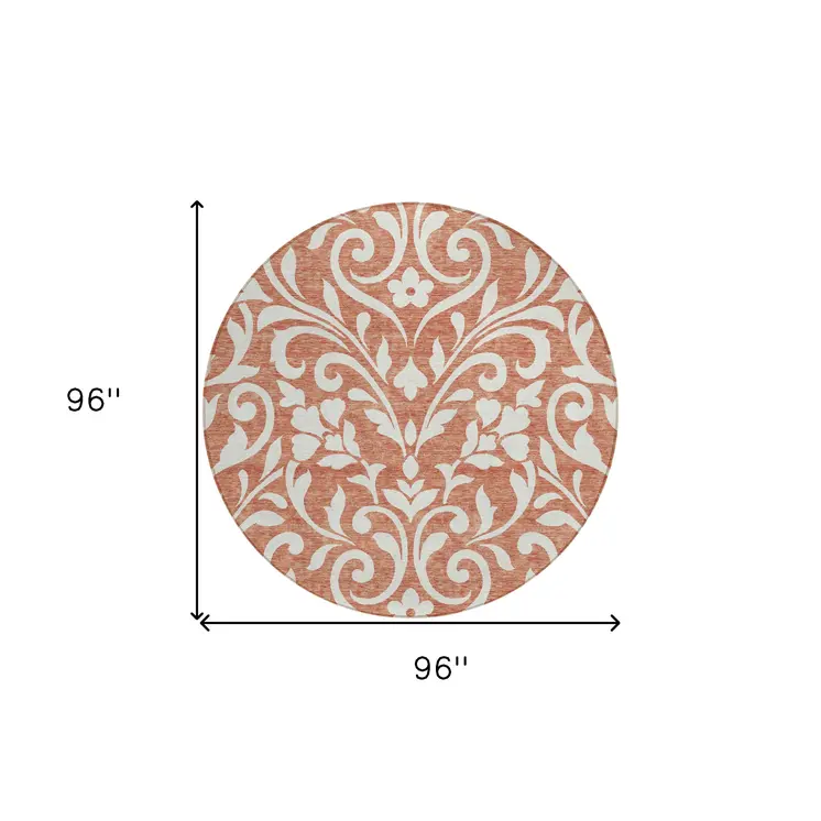 8' Salmon And Ivory Round Floral Washable Indoor Outdoor Area Rug