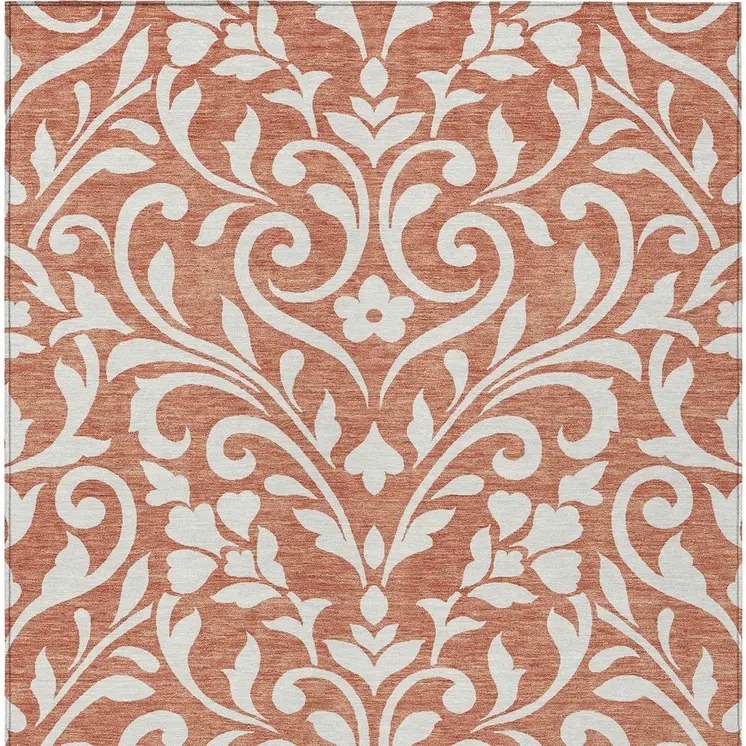 8' X 10' Salmon And Ivory Floral Washable Indoor Outdoor Area Rug