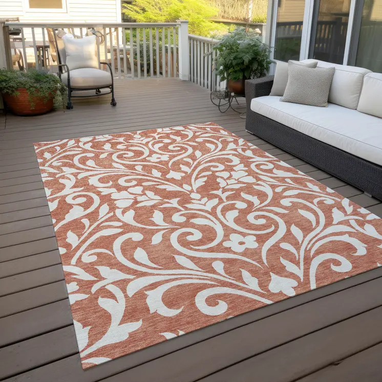 8' X 10' Salmon And Ivory Floral Washable Indoor Outdoor Area Rug