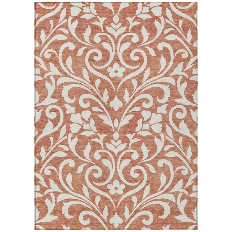 8' X 10' Salmon And Ivory Floral Washable Indoor Outdoor Area Rug