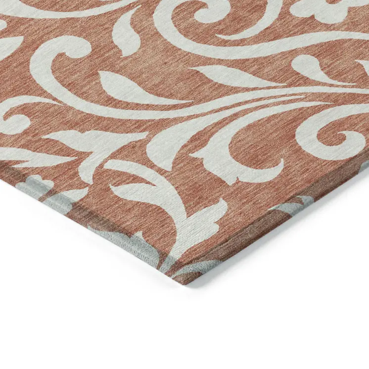 8' X 10' Salmon And Ivory Floral Washable Indoor Outdoor Area Rug
