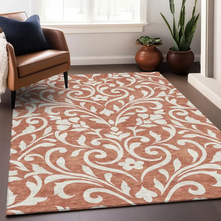 8' X 10' Salmon And Ivory Floral Washable Indoor Outdoor Area Rug