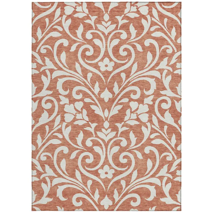9' X 12' Salmon And Ivory Floral Washable Indoor Outdoor Area Rug