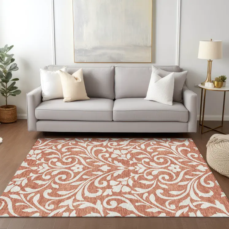 9' X 12' Salmon And Ivory Floral Washable Indoor Outdoor Area Rug