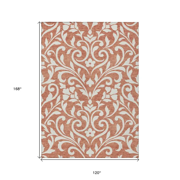 10' X 14' Salmon And Ivory Floral Washable Indoor Outdoor Area Rug