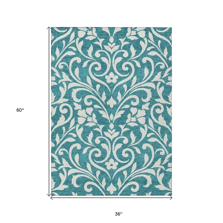 3' X 5' Teal Blue And Ivory Floral Washable Indoor Outdoor Area Rug