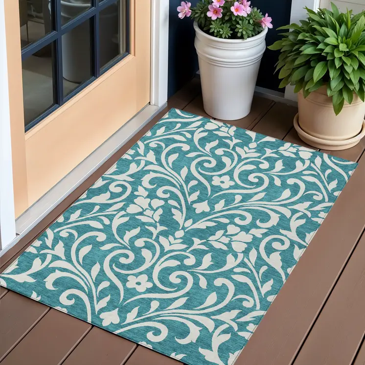 3' X 5' Teal Blue And Ivory Floral Washable Indoor Outdoor Area Rug
