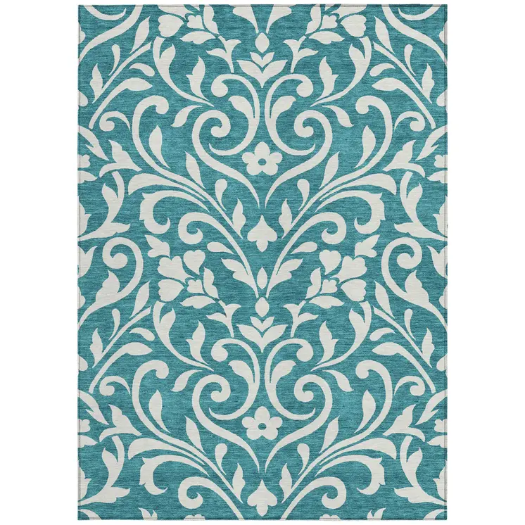 3' X 5' Teal Blue And Ivory Floral Washable Indoor Outdoor Area Rug