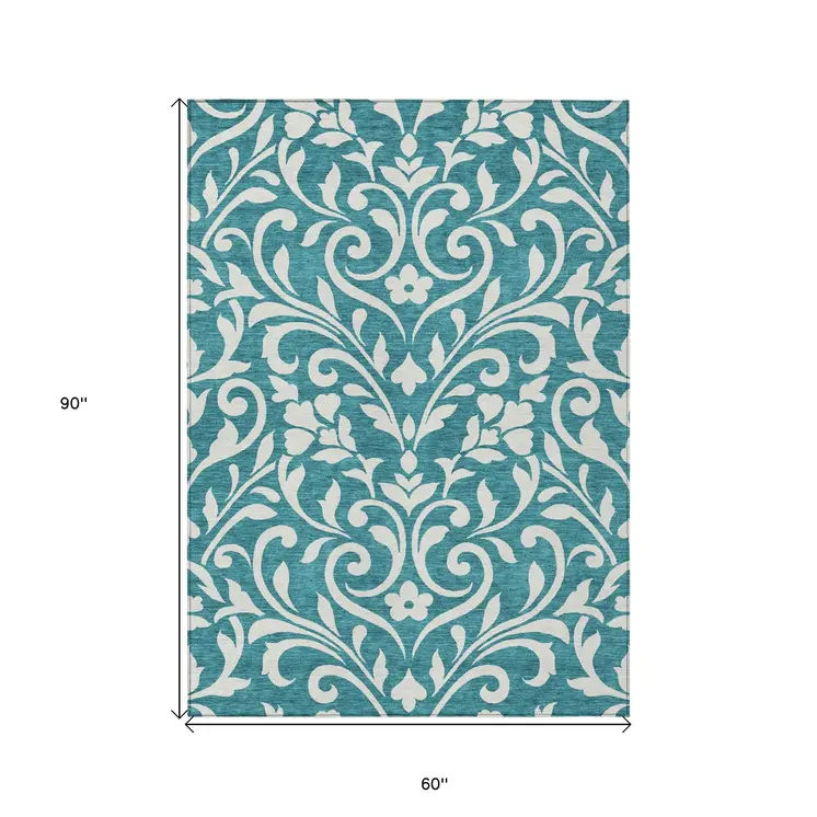 5' X 8' Teal Blue And Ivory Floral Washable Indoor Outdoor Area Rug