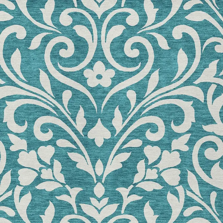5' X 8' Teal Blue And Ivory Floral Washable Indoor Outdoor Area Rug