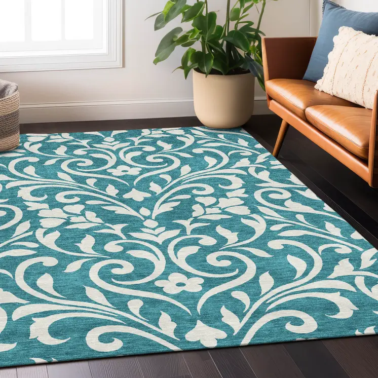 5' X 8' Teal Blue And Ivory Floral Washable Indoor Outdoor Area Rug