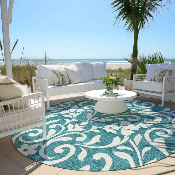 8' Teal Blue And Ivory Round Floral Washable Indoor Outdoor Area Rug