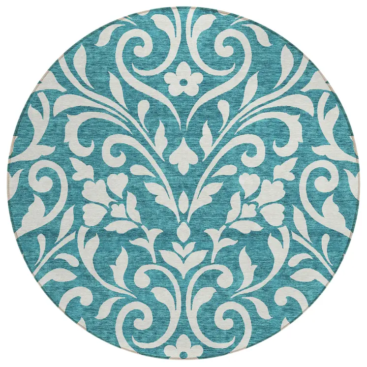 8' Teal Blue And Ivory Round Floral Washable Indoor Outdoor Area Rug