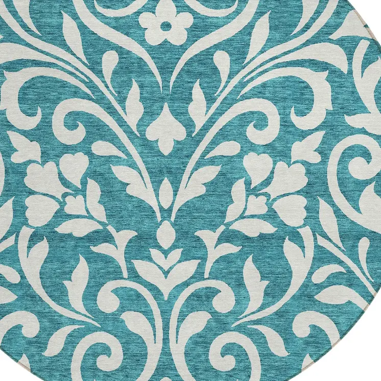 8' Teal Blue And Ivory Round Floral Washable Indoor Outdoor Area Rug