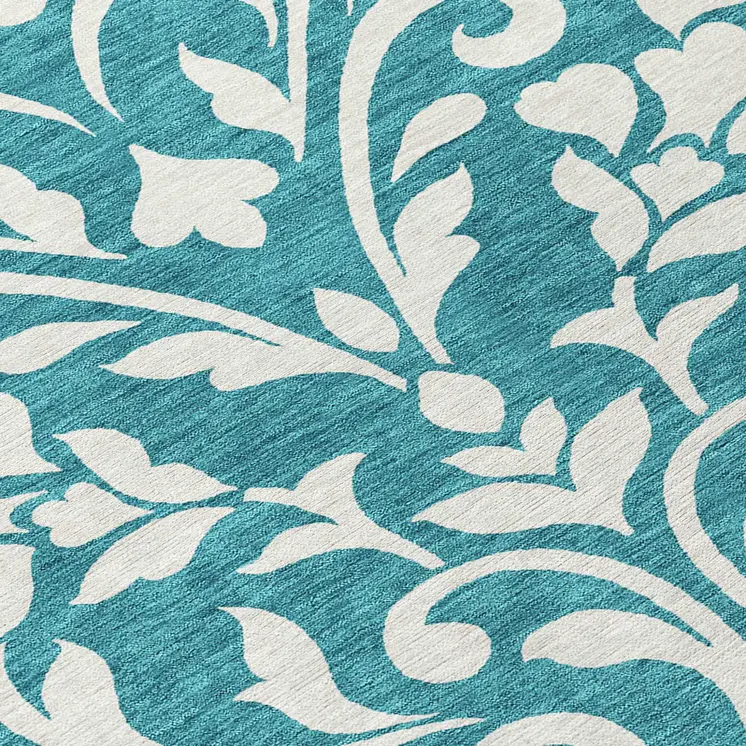 8' Teal Blue And Ivory Round Floral Washable Indoor Outdoor Area Rug