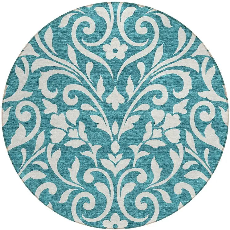 8' Teal Blue And Ivory Round Floral Washable Indoor Outdoor Area Rug