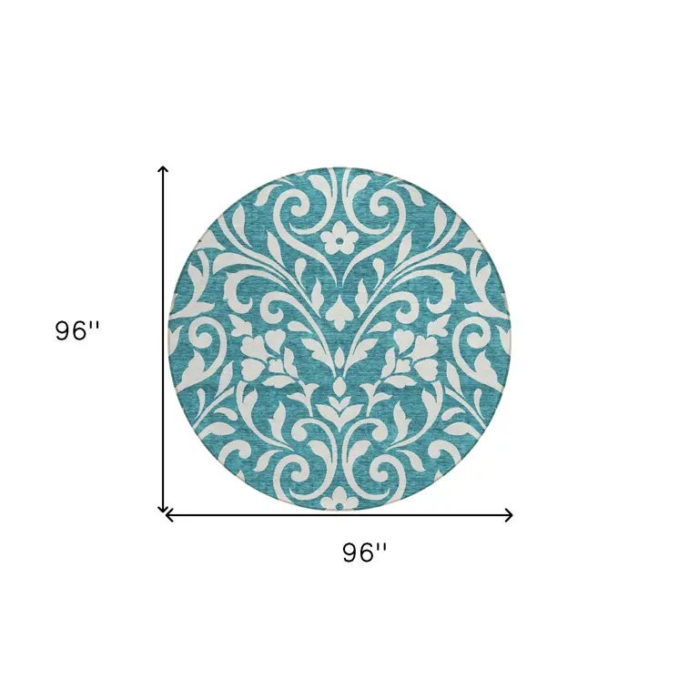 8' Teal Blue And Ivory Round Floral Washable Indoor Outdoor Area Rug