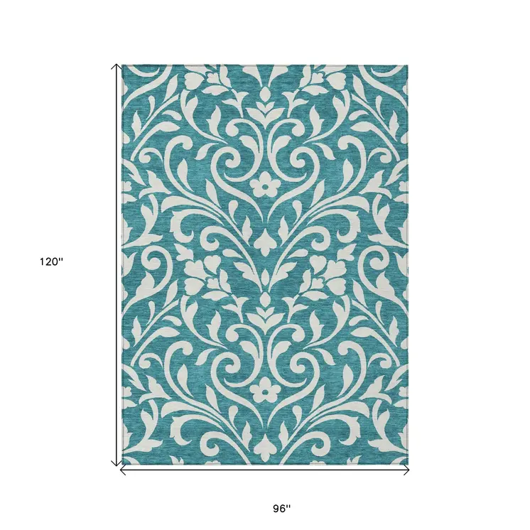 8' X 10' Teal Blue And Ivory Floral Washable Indoor Outdoor Area Rug