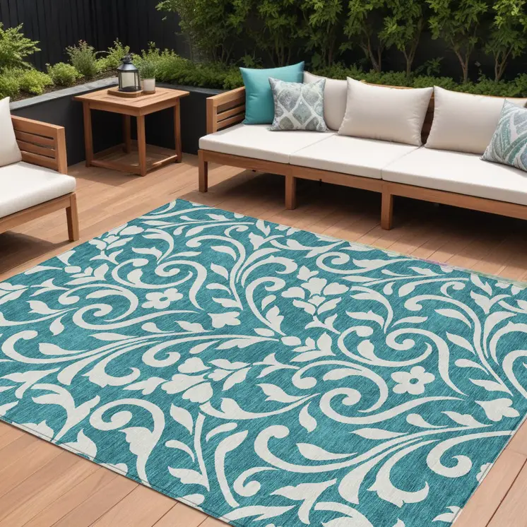 8' X 10' Teal Blue And Ivory Floral Washable Indoor Outdoor Area Rug