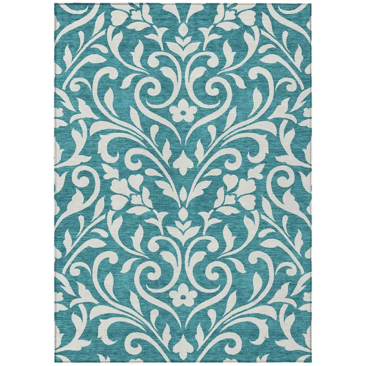 8' X 10' Teal Blue And Ivory Floral Washable Indoor Outdoor Area Rug