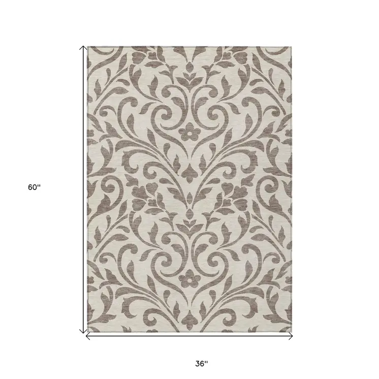 3' X 5' Taupe Floral Washable Indoor Outdoor Area Rug