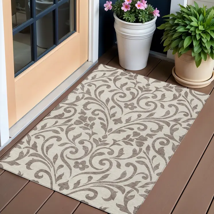 3' X 5' Taupe Floral Washable Indoor Outdoor Area Rug