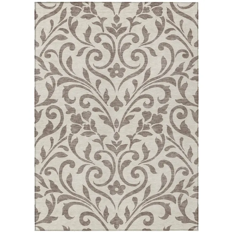 3' X 5' Taupe Floral Washable Indoor Outdoor Area Rug