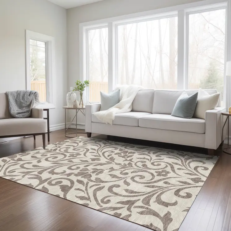 3' X 5' Taupe Floral Washable Indoor Outdoor Area Rug