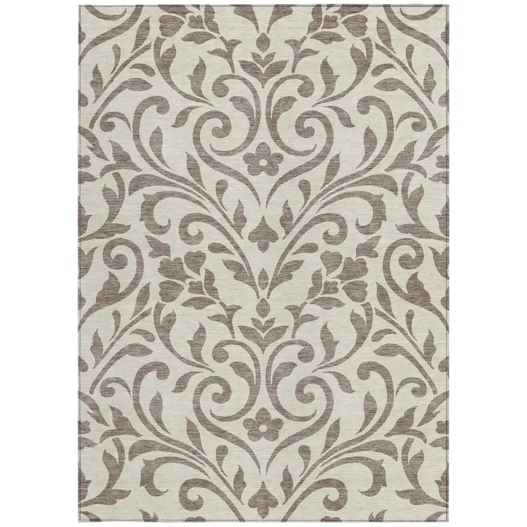 5' X 8' Taupe Floral Washable Indoor Outdoor Area Rug
