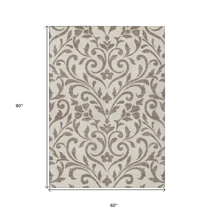 5' X 8' Taupe Floral Washable Indoor Outdoor Area Rug