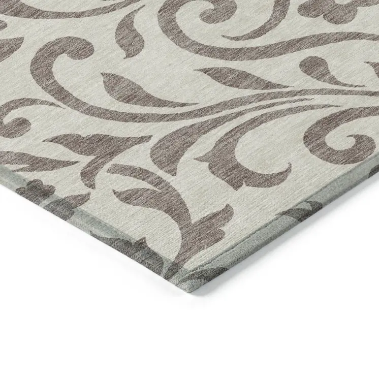 9' X 12' Taupe Floral Washable Indoor Outdoor Area Rug