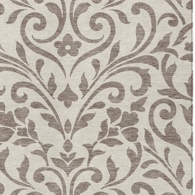 9' X 12' Taupe Floral Washable Indoor Outdoor Area Rug