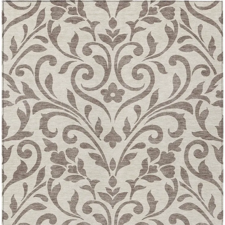 10' X 14' Taupe Floral Washable Indoor Outdoor Area Rug