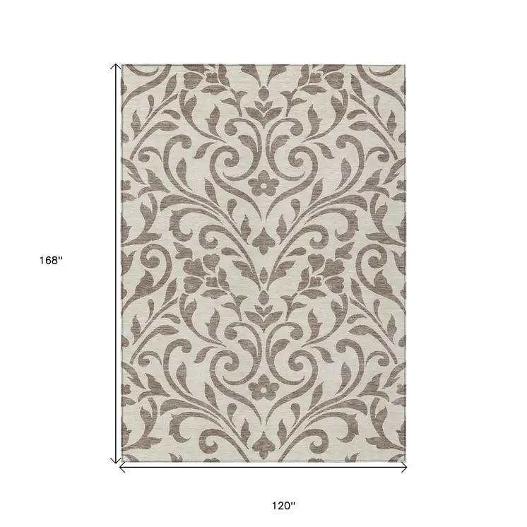 10' X 14' Taupe Floral Washable Indoor Outdoor Area Rug