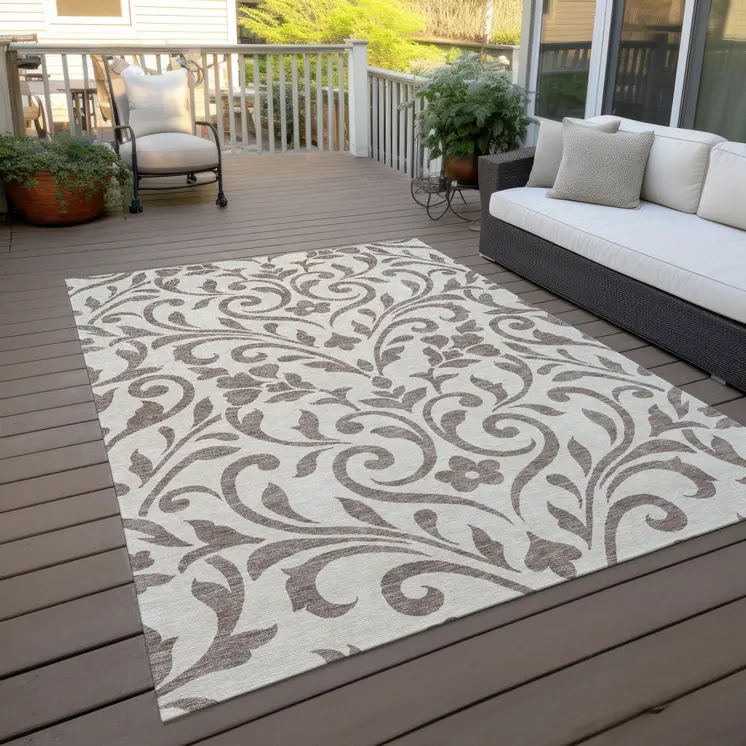 10' X 14' Taupe Floral Washable Indoor Outdoor Area Rug